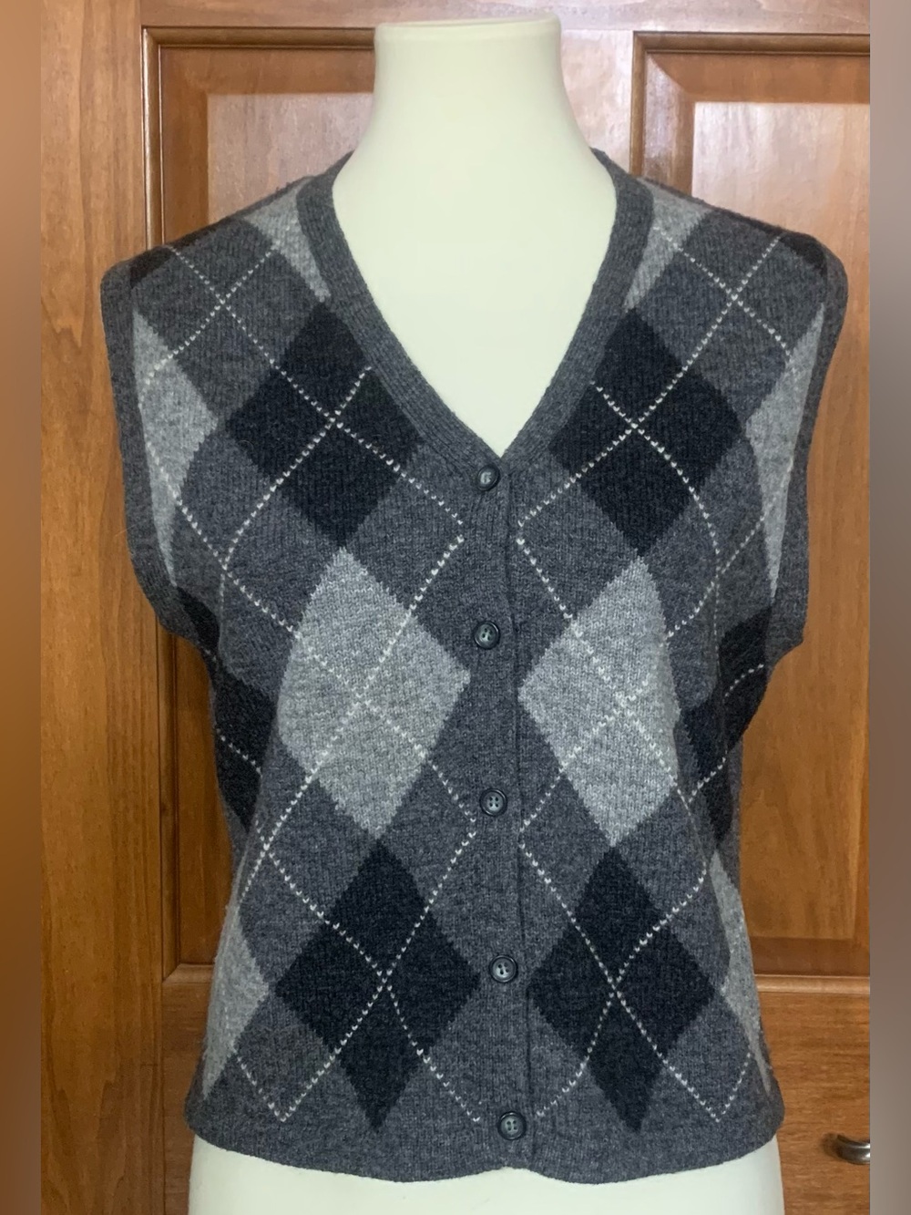 Vintage Lands End Lambswool V-neck Argyle Button Vest Acedemia